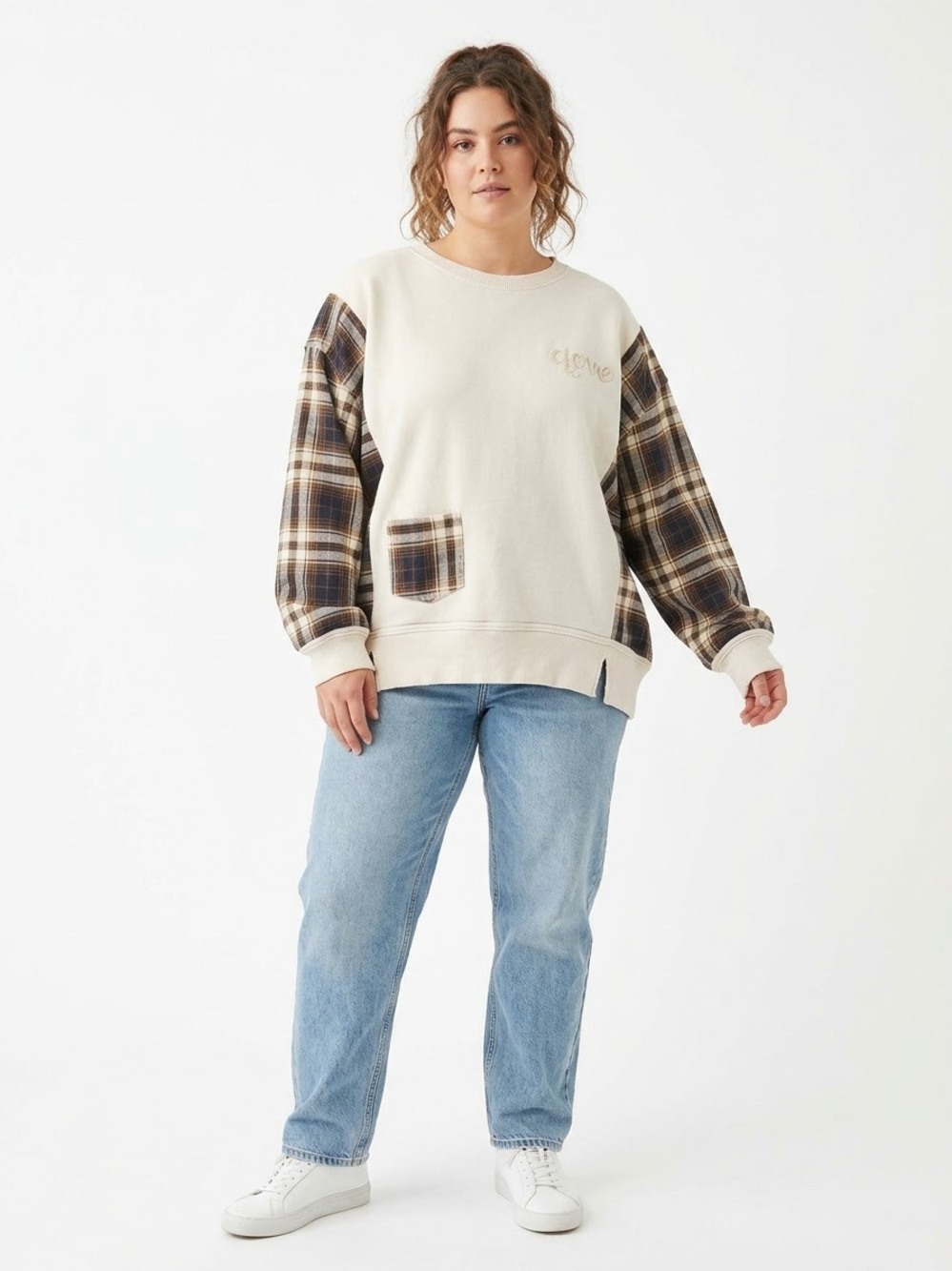 Upcycled Oversized Comfy Pullover Shirt Cream Brown Plaid Medium to Extra Large